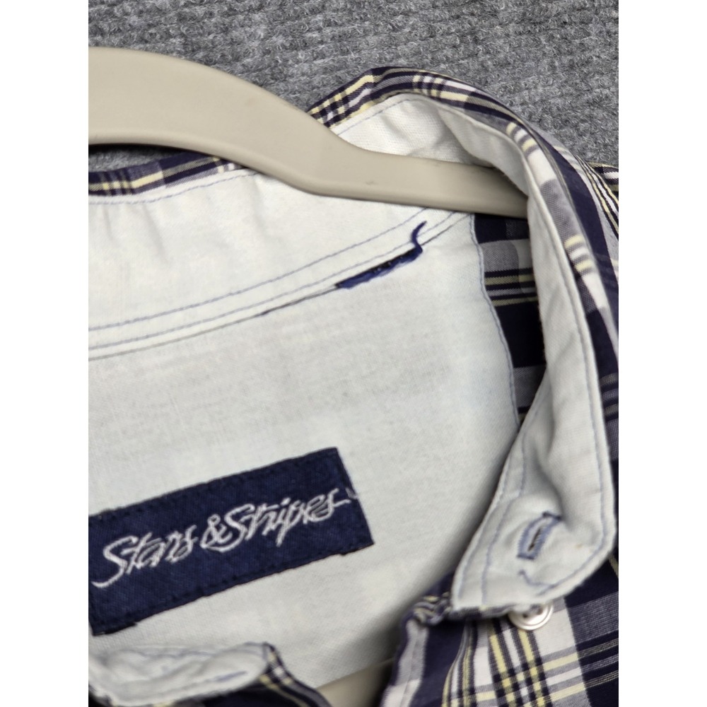 90s Stars & Stripes Plaid Shirt Mens L Blue White Short Sleeve Button Up - Picture 4 of 10